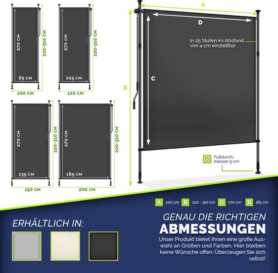 tillvex Klemluifel, verticale zonwering, 200 x 310 cm, taupe, met handslinger, zonder boren, inkijkbescherming, uittrekbaar en ondoorzichtig, verticale luifel, balkon, terras, tuin