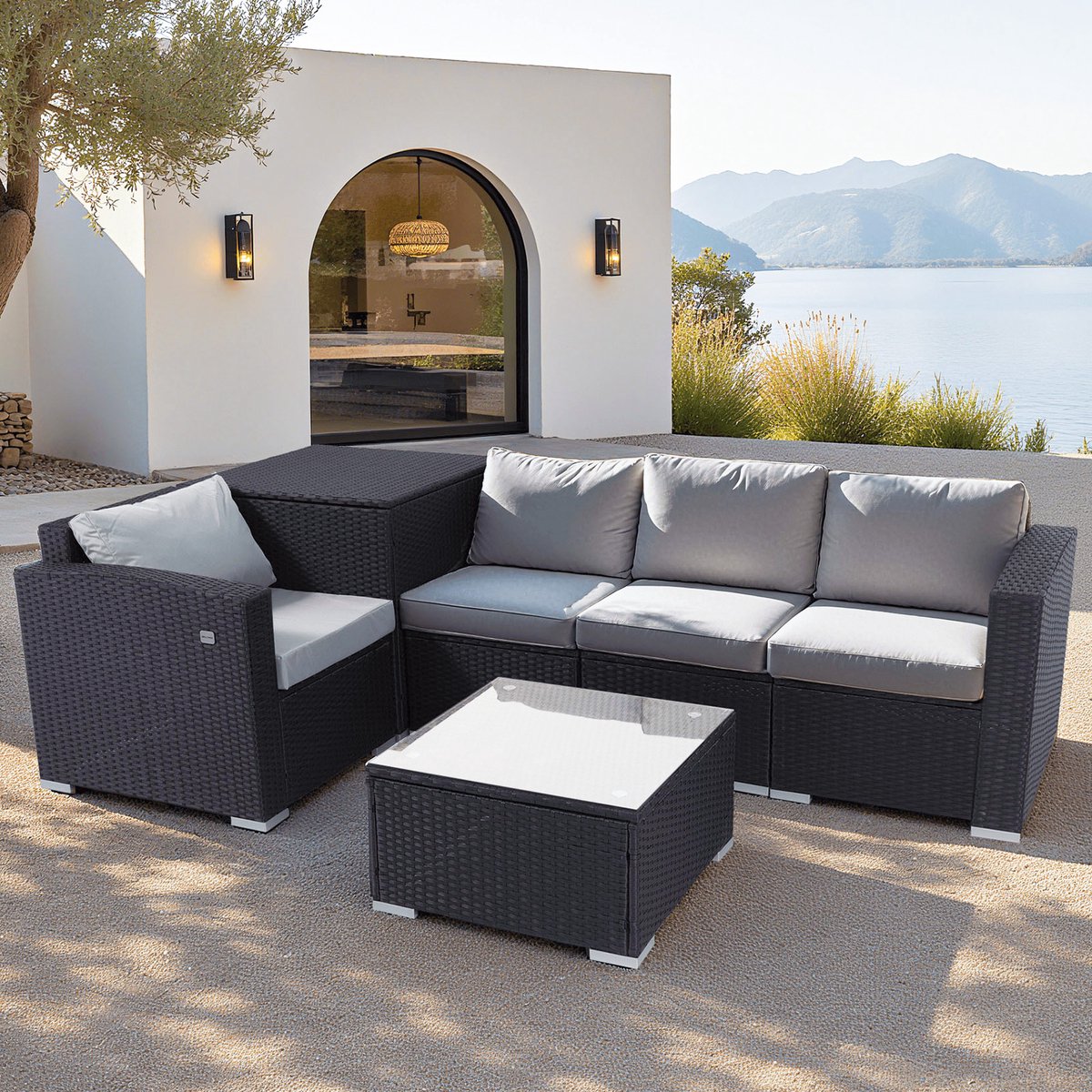 HOMAVO Tuinmeubelset voor 4 personen - Twee armstoelen en twee eenpersoons loungestoelen - Tafel met glazen blad - Inclusief opbergbox en beschermhoes - geschikt voor de tuin, het balkon en het terras