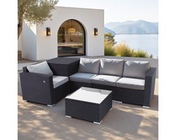 BELONID Tuinmeubelset voor 4 personen - Twee armstoelen en twee eenpersoons loungestoelen - Tafel met glazen blad - Inclusief opbergbox en beschermhoes - geschikt voor de tuin, het balkon en het terras
