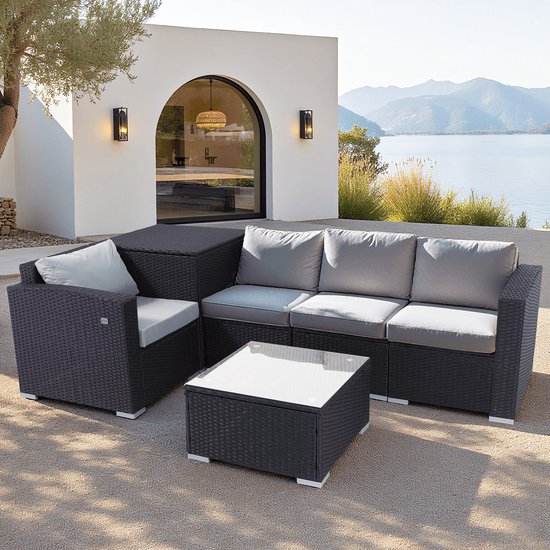 BELONID Tuinmeubelset voor 4 personen - Twee armstoelen en twee eenpersoons loungestoelen - Tafel met glazen blad - Inclusief opbergbox en beschermhoes - geschikt voor de tuin, het balkon en het terras