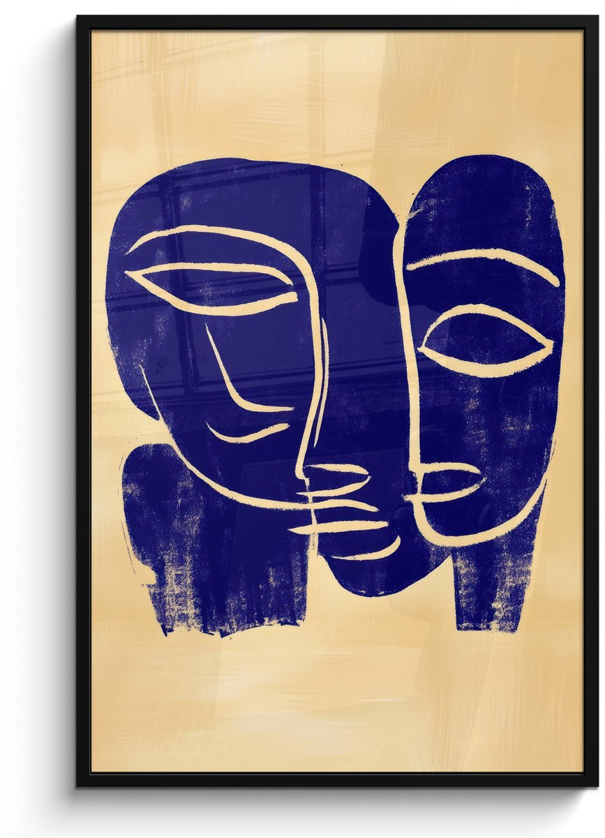 FrameYourWall Poster in lijst - Fotolijst 80x120 cm - Posters - Okergeel - Blauw - Eenvoudige lijnen - Posterlijst zwart - Decoratie - Wanddecoratie woonkamer - Muurdecoratie slaapkamer Lijnen - Gezichten