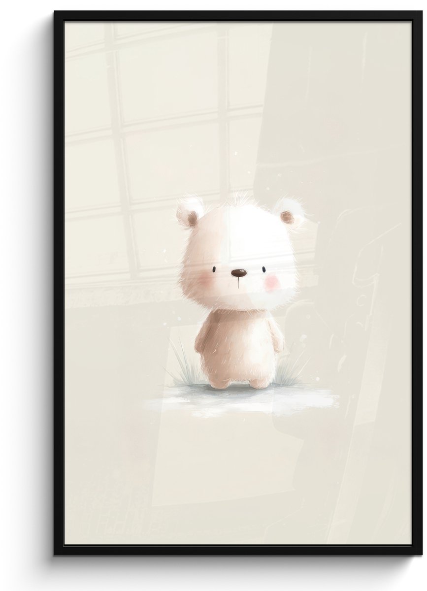 FrameYourWall Poster in lijst - Fotolijst 80x120 cm - Posters - Beertje - Sneeuwvlokje - Wit - Pluizig - Posterlijst zwart - Decoratie - Wanddecoratie woonkamer - Muurdecoratie slaapkamer
