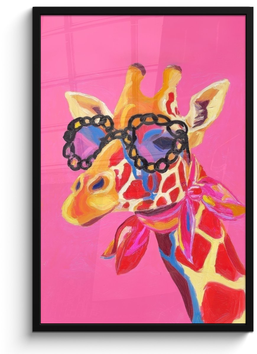 FrameYourWall Poster in lijst - Fotolijst 60x90 cm - Posters - Giraf - Roze - Bril - Sjaal - Posterlijst zwart - Decoratie - Wanddecoratie woonkamer - Muurdecoratie slaapkamer