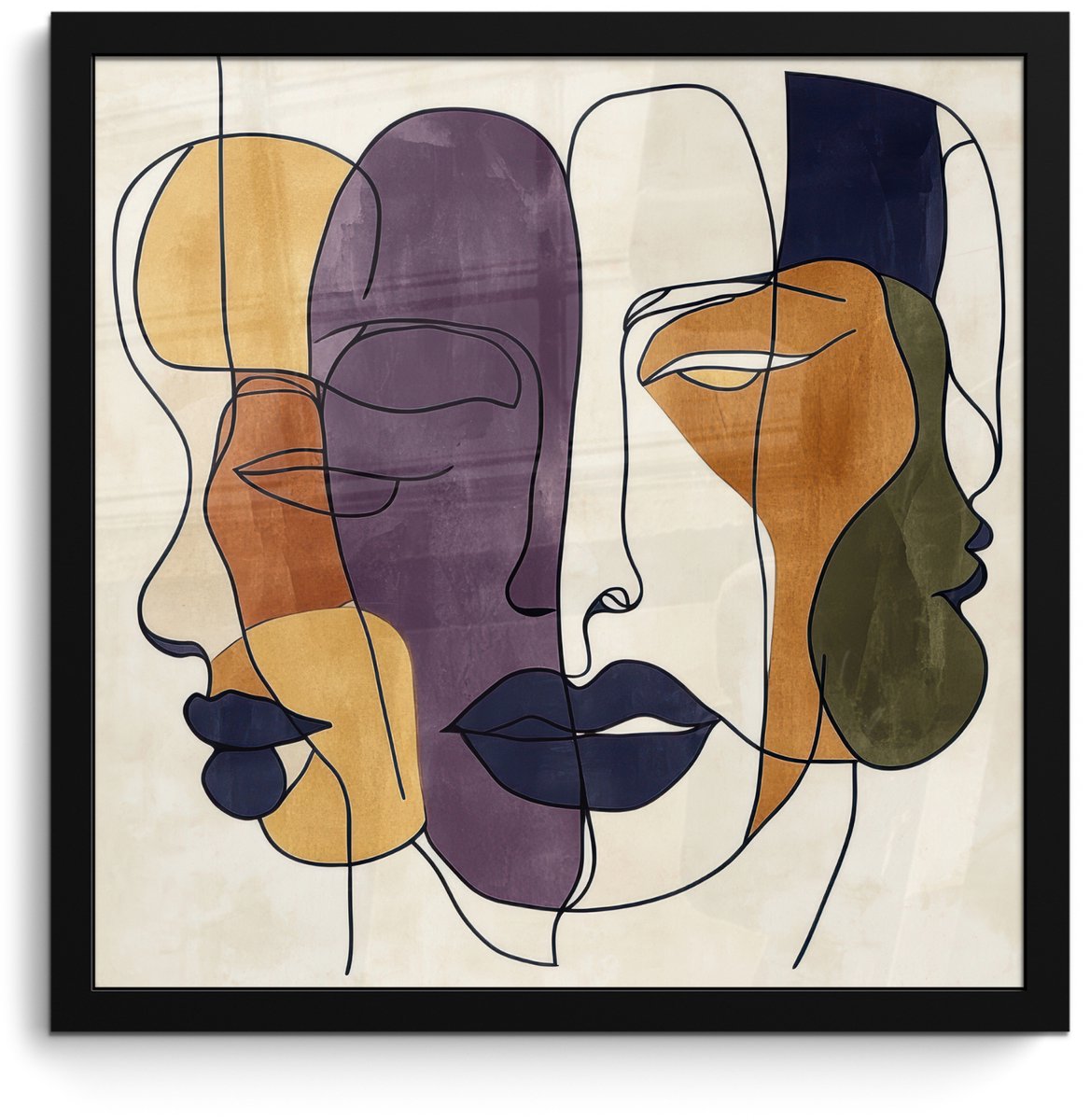 FrameYourWall Poster in lijst - Fotolijst 40x40 cm - Posters - Abstract - Overlappende gezichten - Paars - Donkergroen - Posterlijst zwart - Decoratie - Wanddecoratie woonkamer - Muurdecoratie slaapkamer Abstract - Gezichten