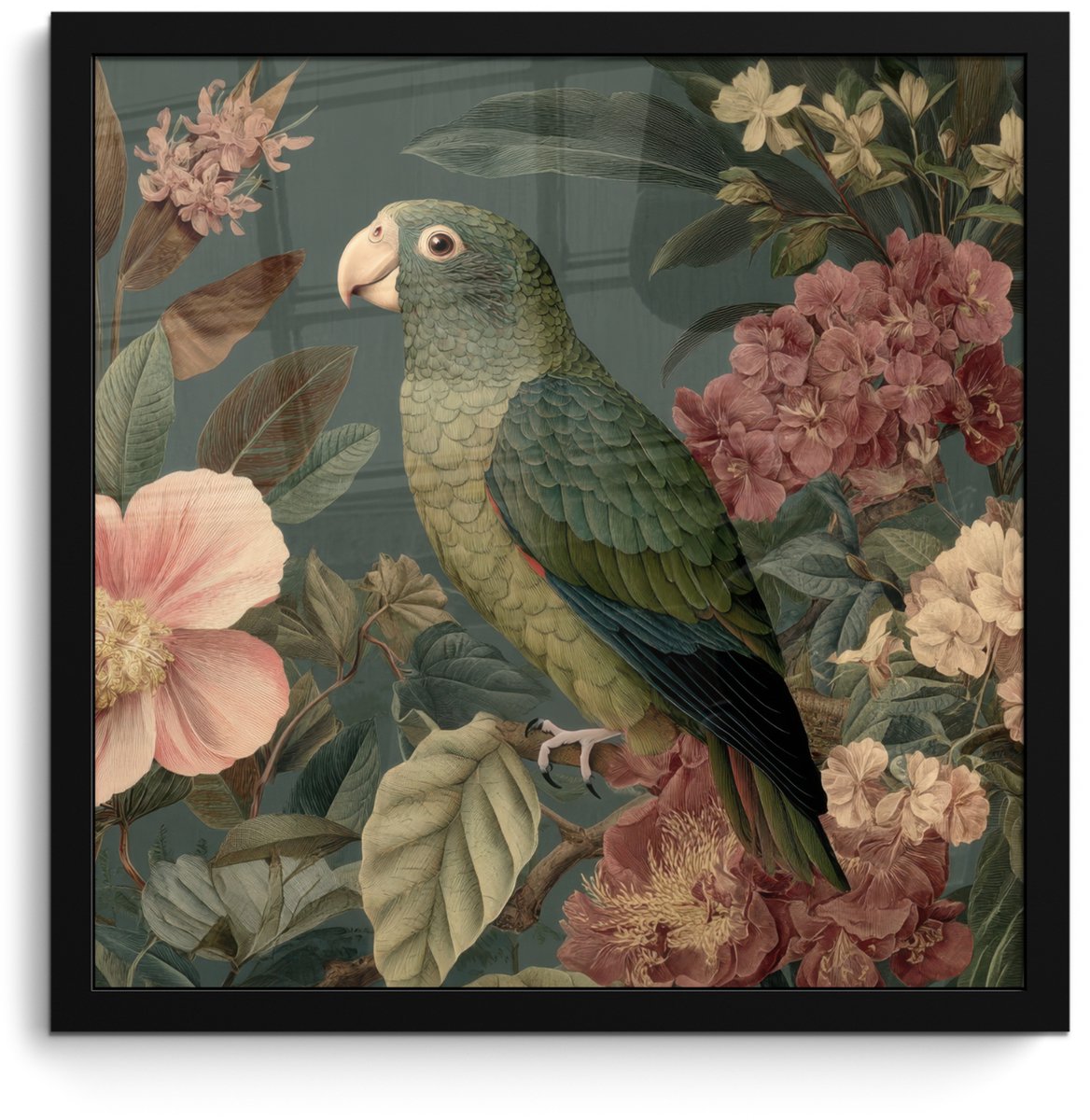 FrameYourWall Poster in lijst - Fotolijst 40x40 cm - Posters - Groene papegaai - Kleurrijke bloemen - Donkere achtergrond - Posterlijst zwart - Decoratie - Wanddecoratie woonkamer - Muurdecoratie slaapkamer Papegaai - Bloemen
