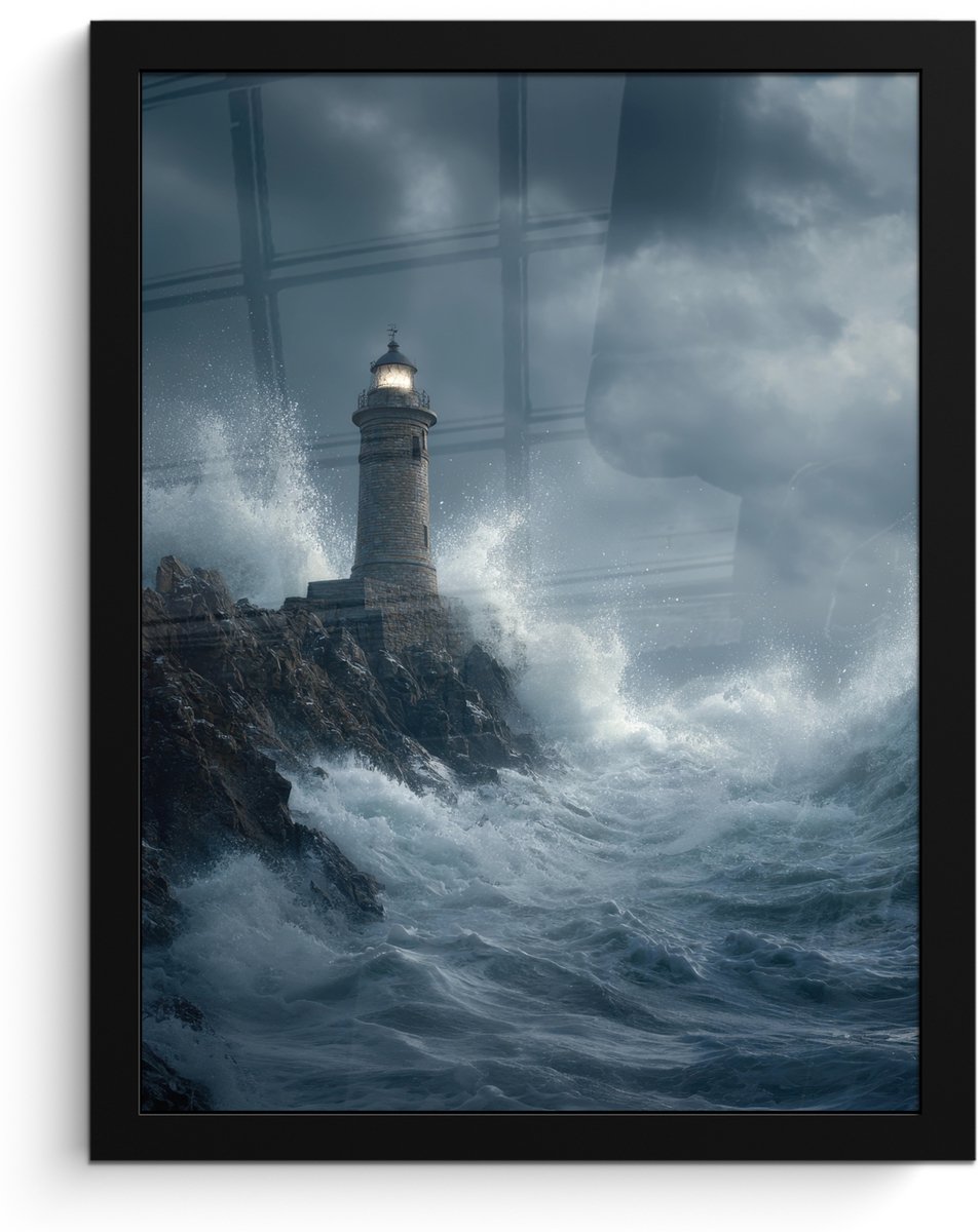 FrameYourWall Poster in lijst - Fotolijst 30x40 cm - Posters - Rotsen - Vuurtoren - Golven - Klliffen - Posterlijst zwart - Decoratie - Wanddecoratie woonkamer - Muurdecoratie slaapkamer Rotsen - Golven - Vuurtoren