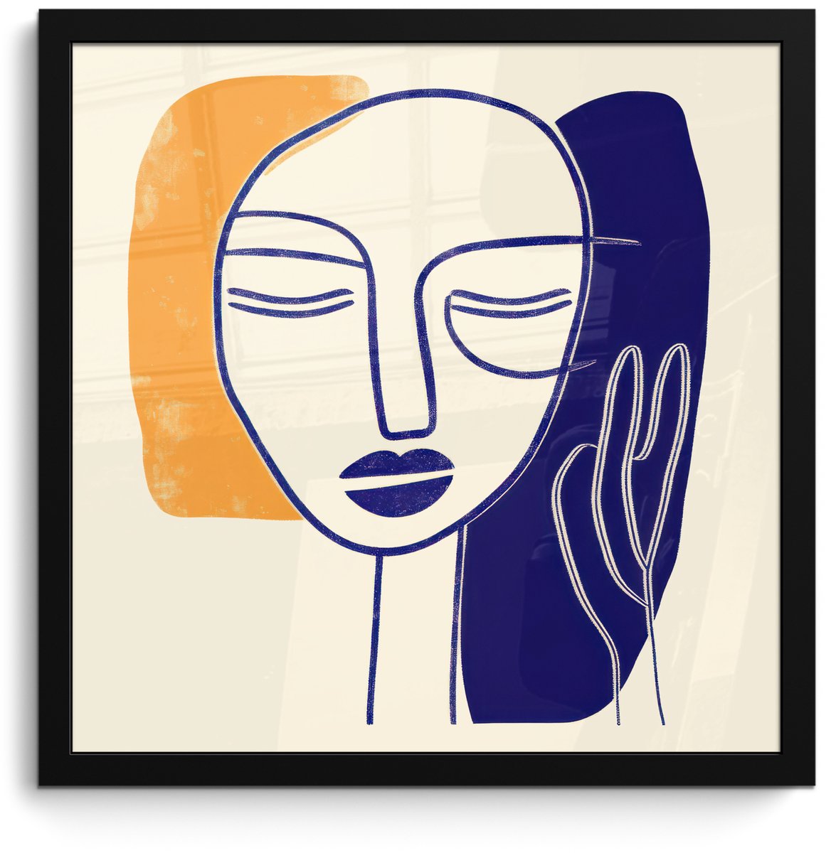 FrameYourWall Poster in lijst - Fotolijst 40x40 cm - Posters - Minimalistisch - Gezicht - Hand - Oranje - Blauw - Posterlijst zwart - Decoratie - Wanddecoratie woonkamer - Muurdecoratie slaapkamer Gezicht - Hand - Minimalistisch