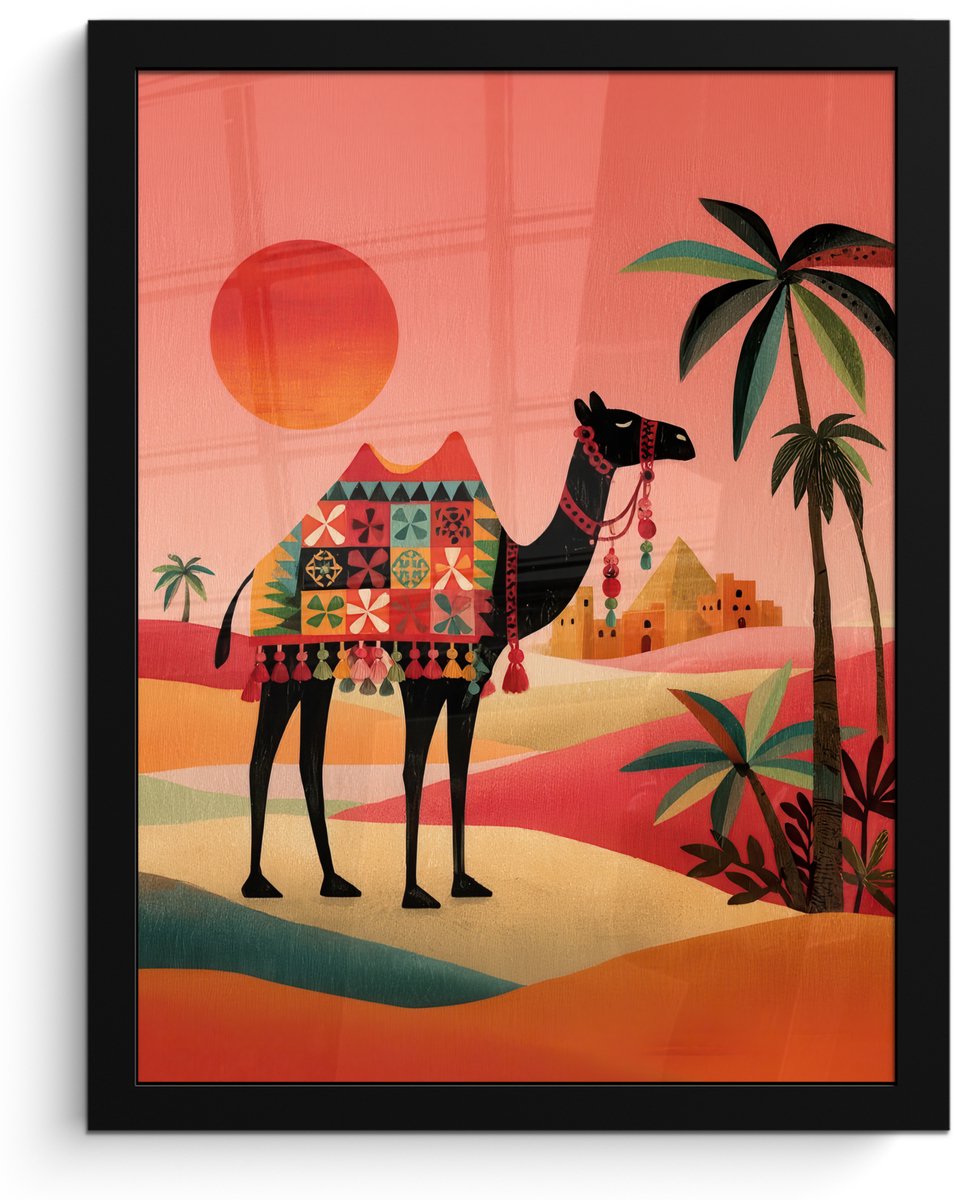 FrameYourWall Poster in lijst - Fotolijst 30x40 cm - Posters - Kameel - Gekleurd tapijt - Duinen - Rode zon - Posterlijst zwart - Decoratie - Wanddecoratie woonkamer - Muurdecoratie slaapkamer Kameel - Duinen - Zon