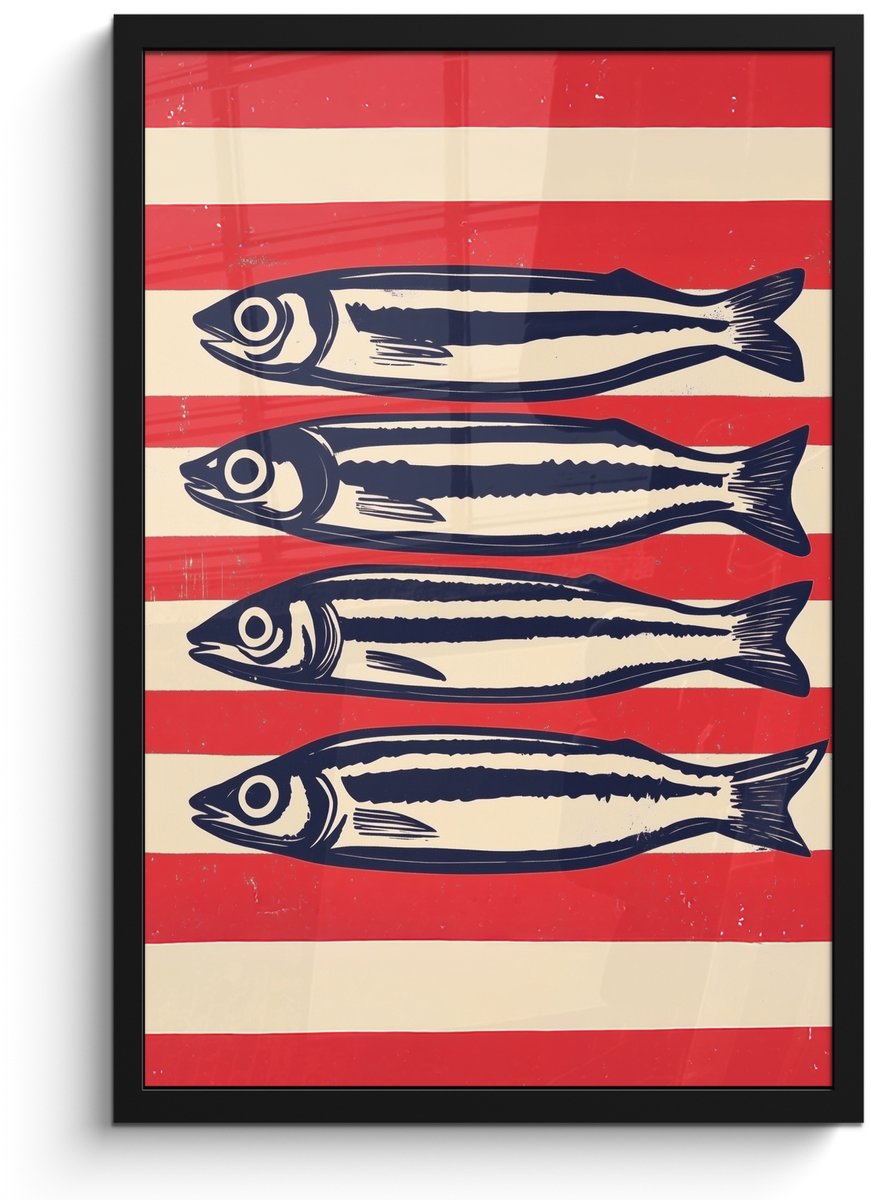 FrameYourWall Poster in lijst - Fotolijst 40x60 cm - Posters - Sardines - Rood en beige strepen - Posterlijst zwart - Decoratie - Wanddecoratie woonkamer - Muurdecoratie slaapkamer Sardines - Strepen