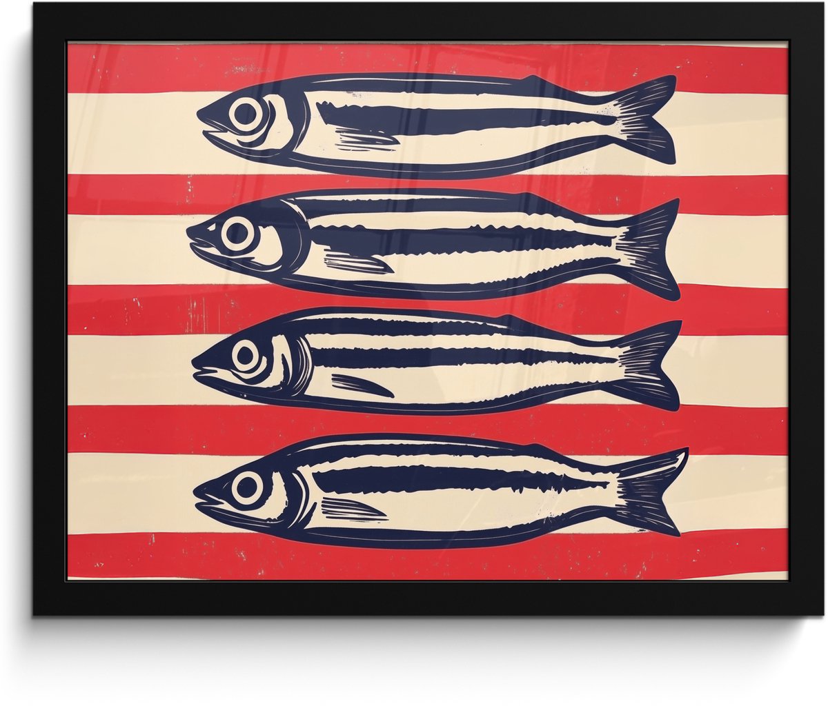 FrameYourWall Poster in lijst - Fotolijst 40x30 cm - Posters - Sardines - Rood en beige strepen - Posterlijst zwart - Decoratie - Wanddecoratie woonkamer - Muurdecoratie slaapkamer Sardines - Strepen