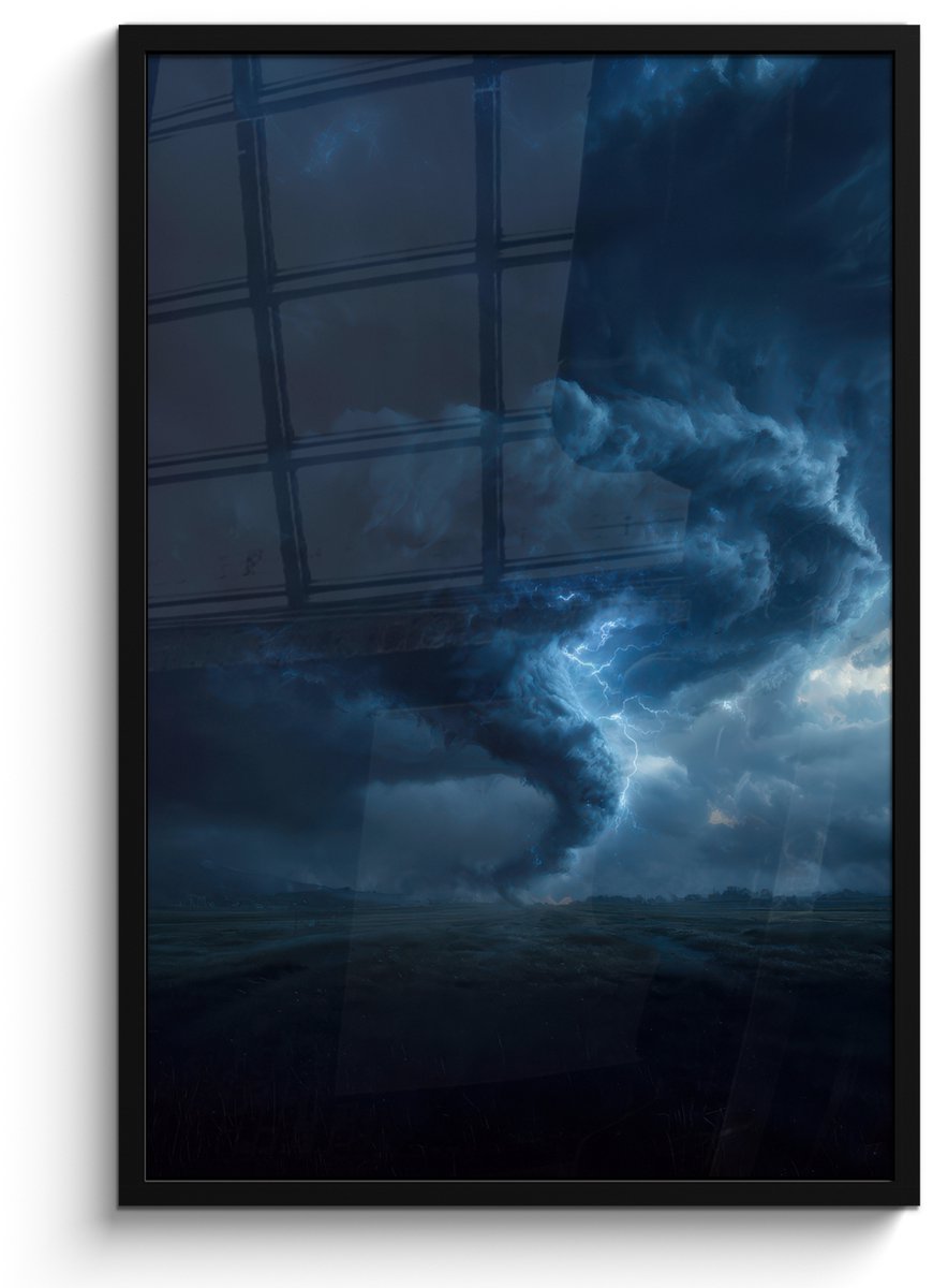 FrameYourWall Poster in lijst - Fotolijst 60x90 cm - Posters - Tornado - Duister - Wolken - Posterlijst zwart - Decoratie - Wanddecoratie woonkamer - Muurdecoratie slaapkamer Tornado - Bliksem