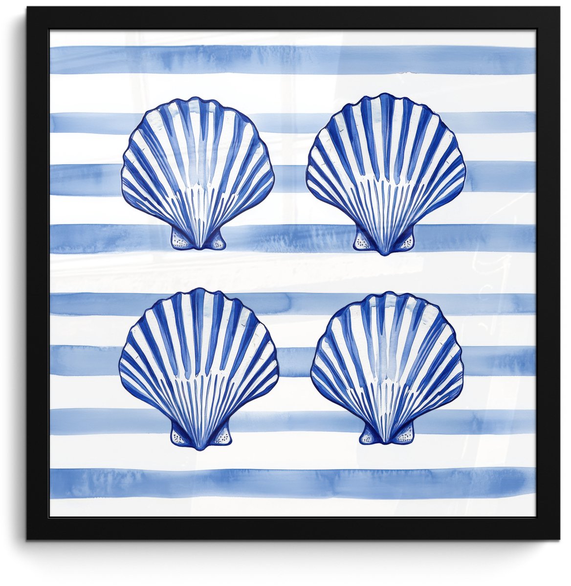 FrameYourWall Poster in lijst - Fotolijst 40x40 cm - Posters - Vier schelpen - Blauw - Wit - Strepen - Posterlijst zwart - Decoratie - Wanddecoratie woonkamer - Muurdecoratie slaapkamer Schelpen - Strepen