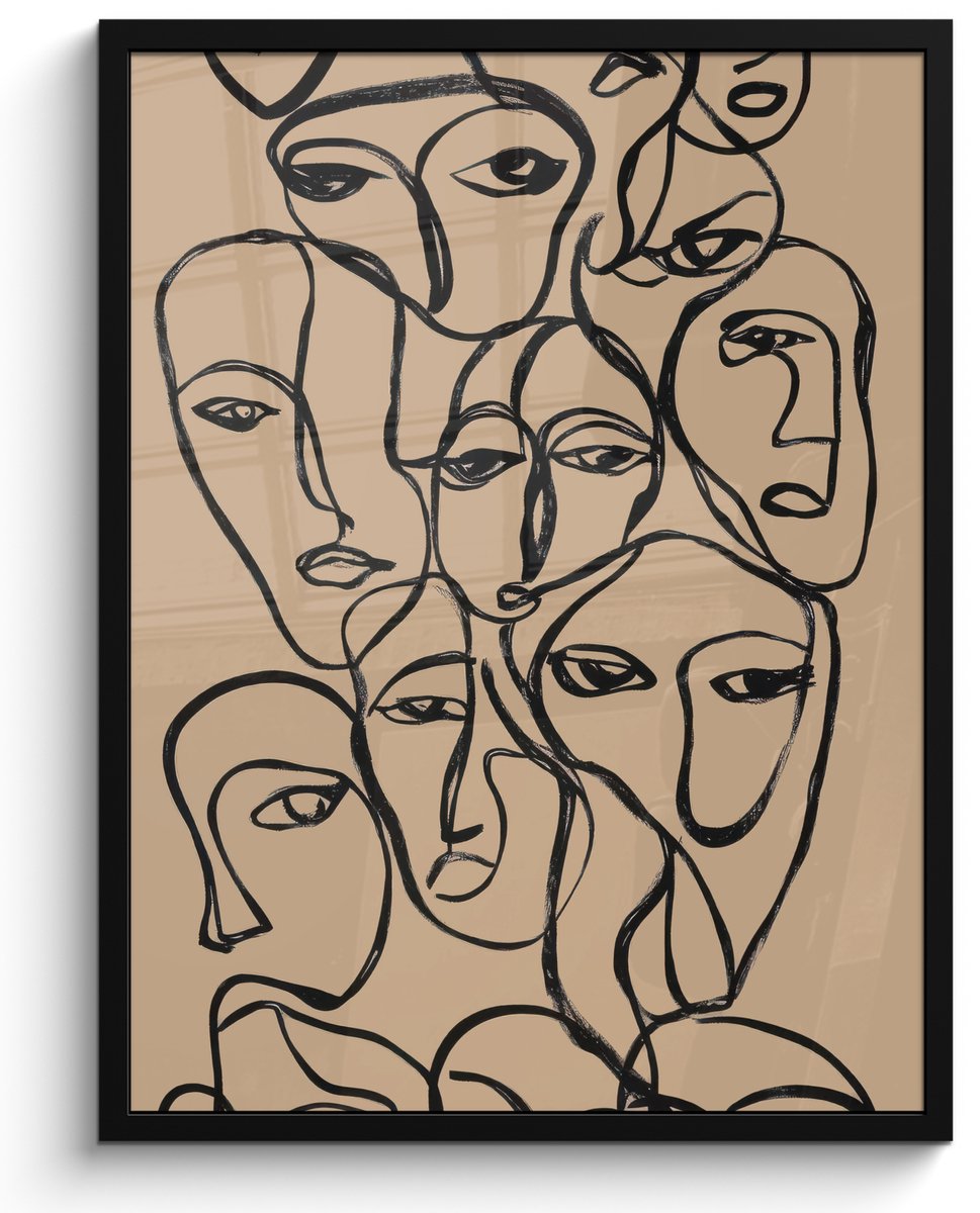 FrameYourWall Poster in lijst - Fotolijst 60x80 cm - Posters - Gezichtenzee - Lijntekening - Abstract - Posterlijst zwart - Decoratie - Wanddecoratie woonkamer - Muurdecoratie slaapkamer Gezichten - Lijntekening