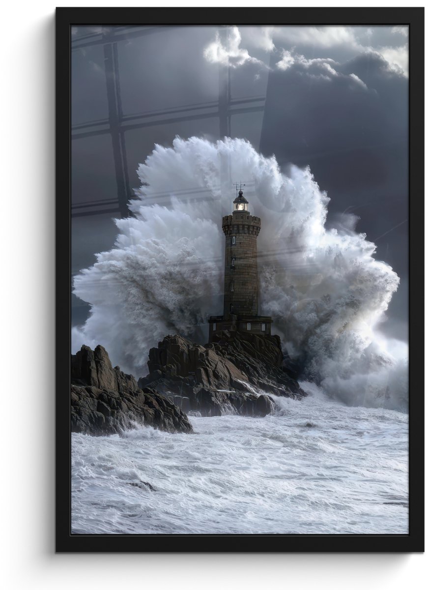 FrameYourWall Poster in lijst - Fotolijst 40x60 cm - Posters - Golf - Vuurtoren - Schuimend water - Posterlijst zwart - Decoratie - Wanddecoratie woonkamer - Muurdecoratie slaapkamer