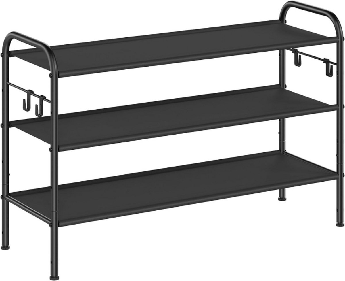 Schoenenrek 3 Niveaus - Stof & Metaal - Schoenenkast met 4 Zijhaken - Voor 15 Paar Schoenen - Verstelbare Plank - Eenvoudige Montage - Inktzwart