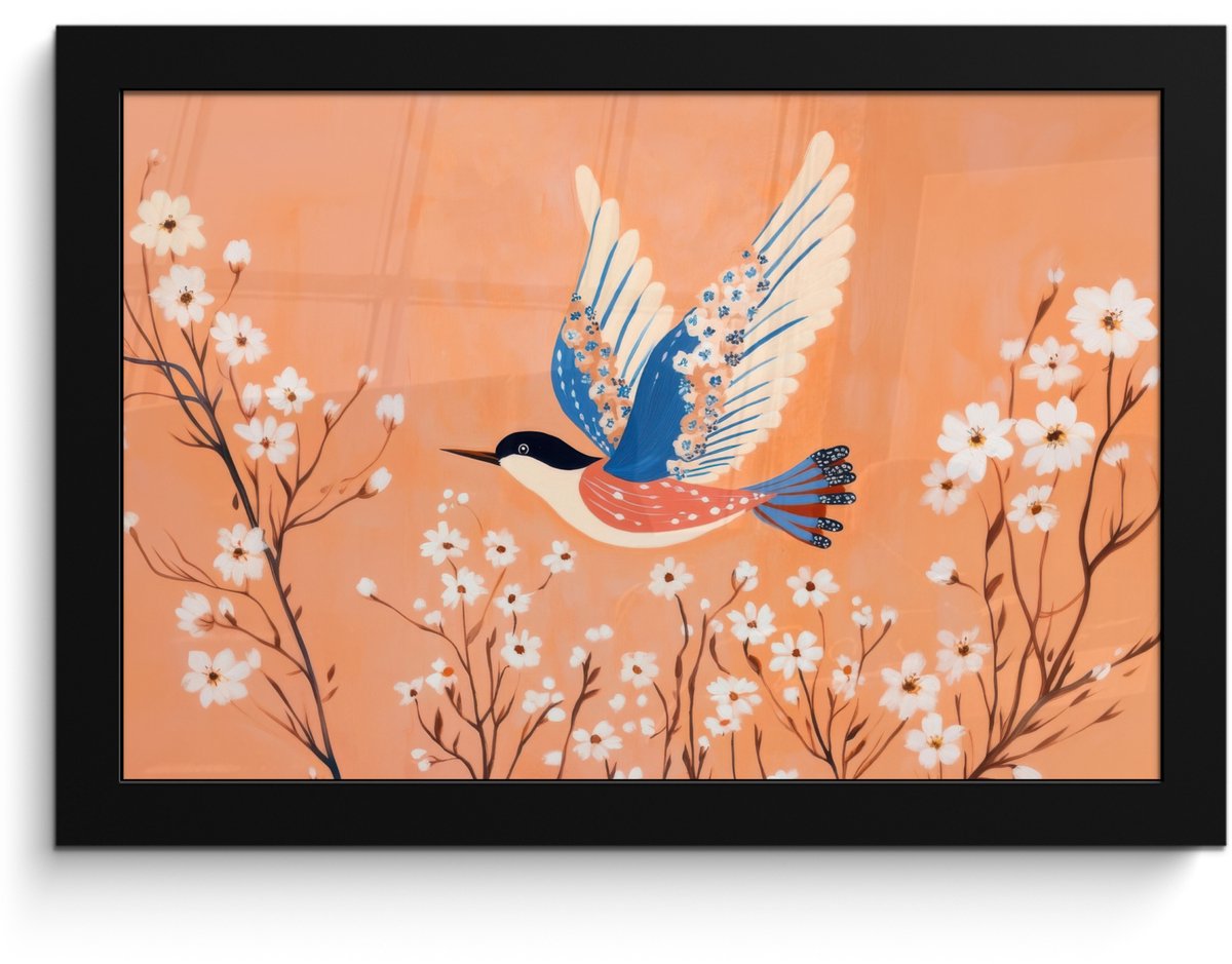 FrameYourWall Poster in lijst - Fotolijst 30x20 cm - Posters - Vogel - Bloesemtakken - Warm - Kleurrijk - Posterlijst zwart - Decoratie - Wanddecoratie woonkamer - Muurdecoratie slaapkamer