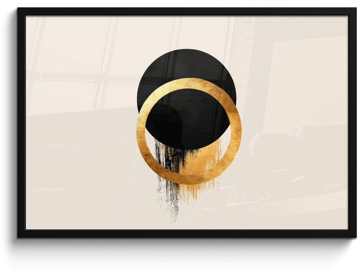 FrameYourWall Poster in lijst - Fotolijst 90x60 cm - Posters - Abstract ontwerp - Zwarte cirkel - Verfvlekken - Posterlijst zwart - Decoratie - Wanddecoratie woonkamer - Muurdecoratie slaapkamer Cirkels - Verfvlekken