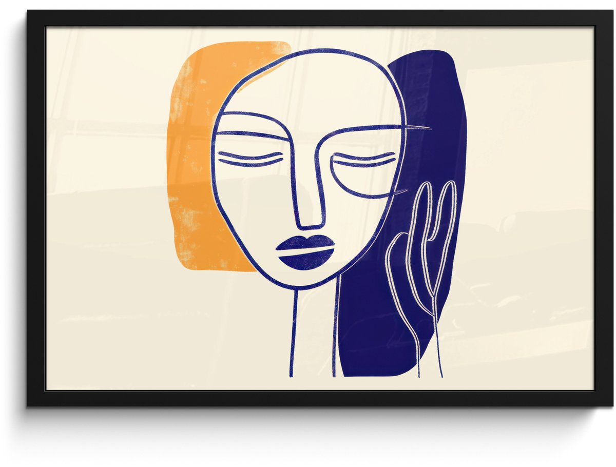 FrameYourWall Poster in lijst - Fotolijst 60x40 cm - Posters - Minimalistisch - Gezicht - Hand - Oranje - Blauw - Posterlijst zwart - Decoratie - Wanddecoratie woonkamer - Muurdecoratie slaapkamer Gezicht - Hand - Minimalistisch