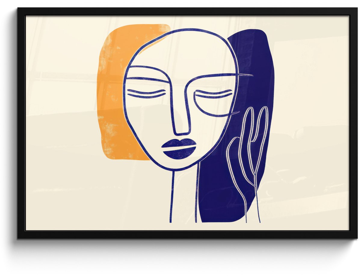 FrameYourWall Poster in lijst - Fotolijst 90x60 cm - Posters - Minimalistisch - Gezicht - Hand - Oranje - Blauw - Posterlijst zwart - Decoratie - Wanddecoratie woonkamer - Muurdecoratie slaapkamer Gezicht - Hand - Minimalistisch