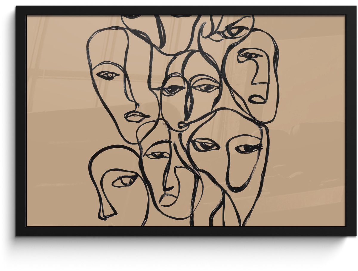 FrameYourWall Poster in lijst - Fotolijst 60x40 cm - Posters - Gezichtenzee - Lijntekening - Abstract - Posterlijst zwart - Decoratie - Wanddecoratie woonkamer - Muurdecoratie slaapkamer Gezichten - Lijntekening