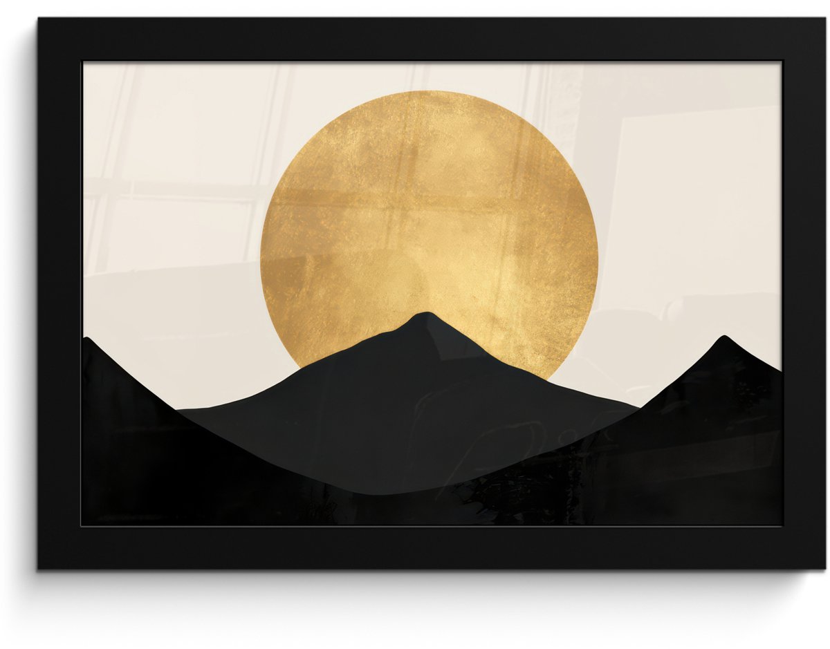 FrameYourWall Poster in lijst - Fotolijst 30x20 cm - Posters - Bergsilhouetten - Gouden cirkel - Beige - Posterlijst zwart - Decoratie - Wanddecoratie woonkamer - Muurdecoratie slaapkamer Bergsilhouetten - Cirkel