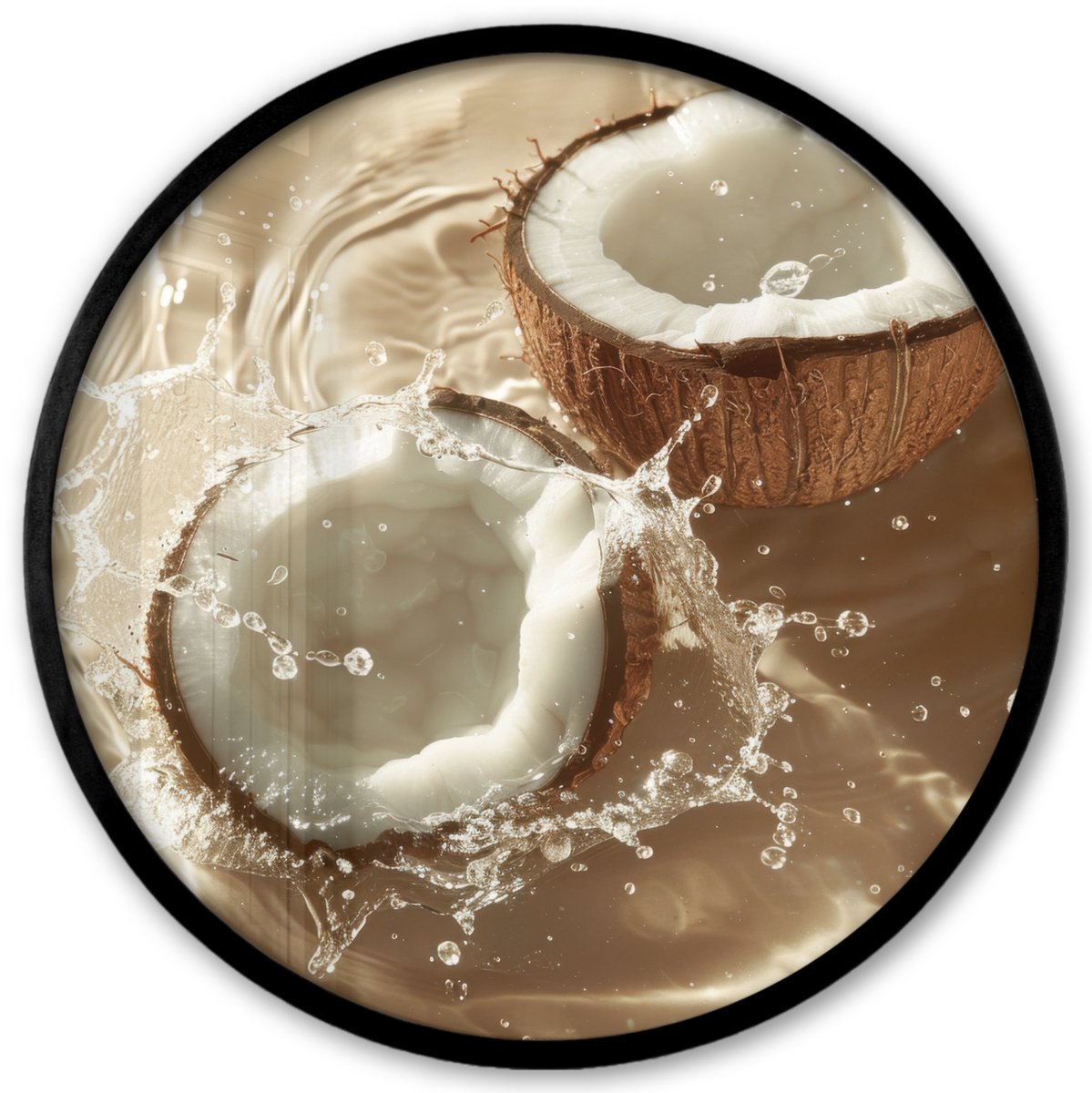 FrameYourWall Poster in lijst Rond - Fotolijst 40x40 cm - Posters - Kokosnoot - Water - Beige - Spetters - Ronde posterlijst zwart - Decoratie - Wanddecoratie woonkamer - Muurdecoratie slaapkamer