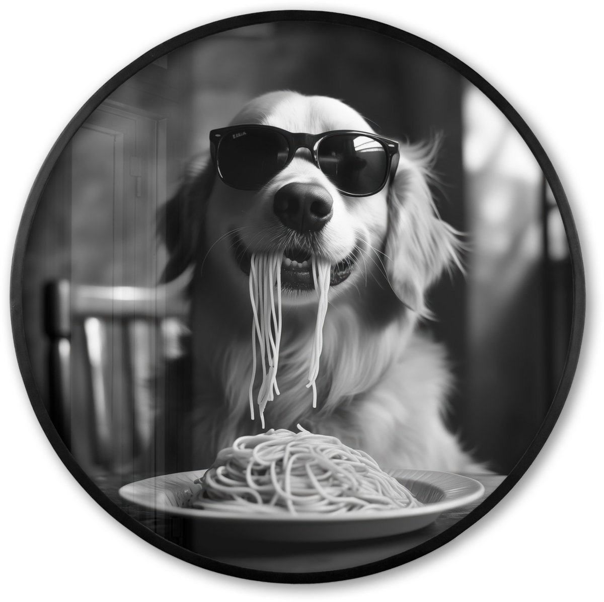 FrameYourWall Poster in lijst Rond - Fotolijst 60x60 cm - Posters - Golden Retriever - Hond - Vrolijk - Bord spaghetti - Zwart - wit - Ronde posterlijst zwart - Decoratie - Wanddecoratie woonkamer - Muurdecoratie slaapkamer