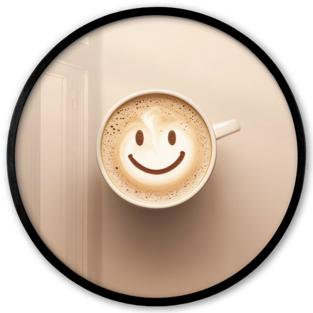 FrameYourWall Poster in lijst Rond - Fotolijst 40x40 cm - Posters - Koffie - Melkschuim - Lach - Beige - Ronde posterlijst zwart - Decoratie - Wanddecoratie woonkamer - Muurdecoratie slaapkamer