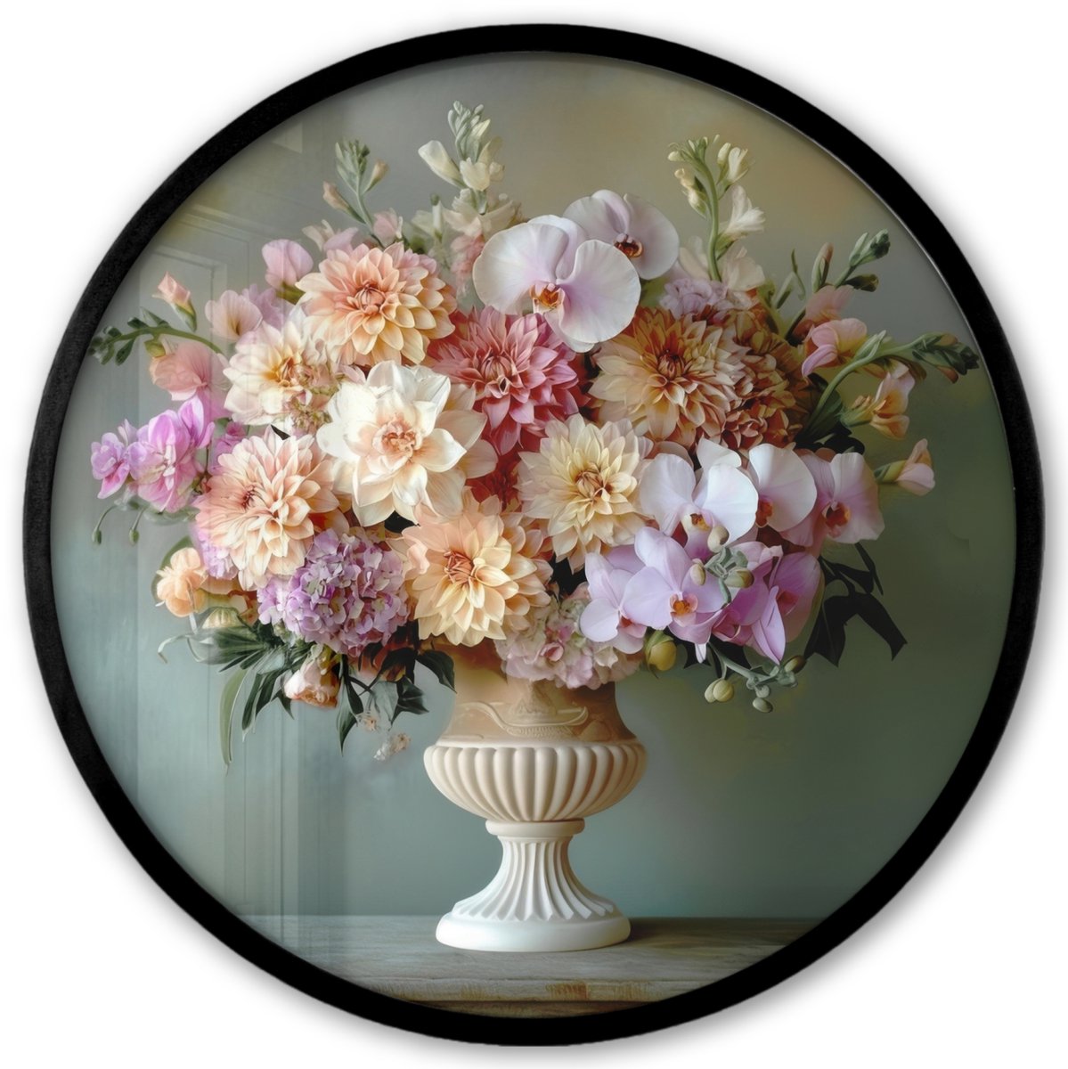 FrameYourWall Poster in lijst Rond - Fotolijst 40x40 cm - Posters - Orchidee - Boeket - Vaas - Bloemen - Ronde posterlijst zwart - Decoratie - Wanddecoratie woonkamer - Muurdecoratie slaapkamer Bloemen - Pastel