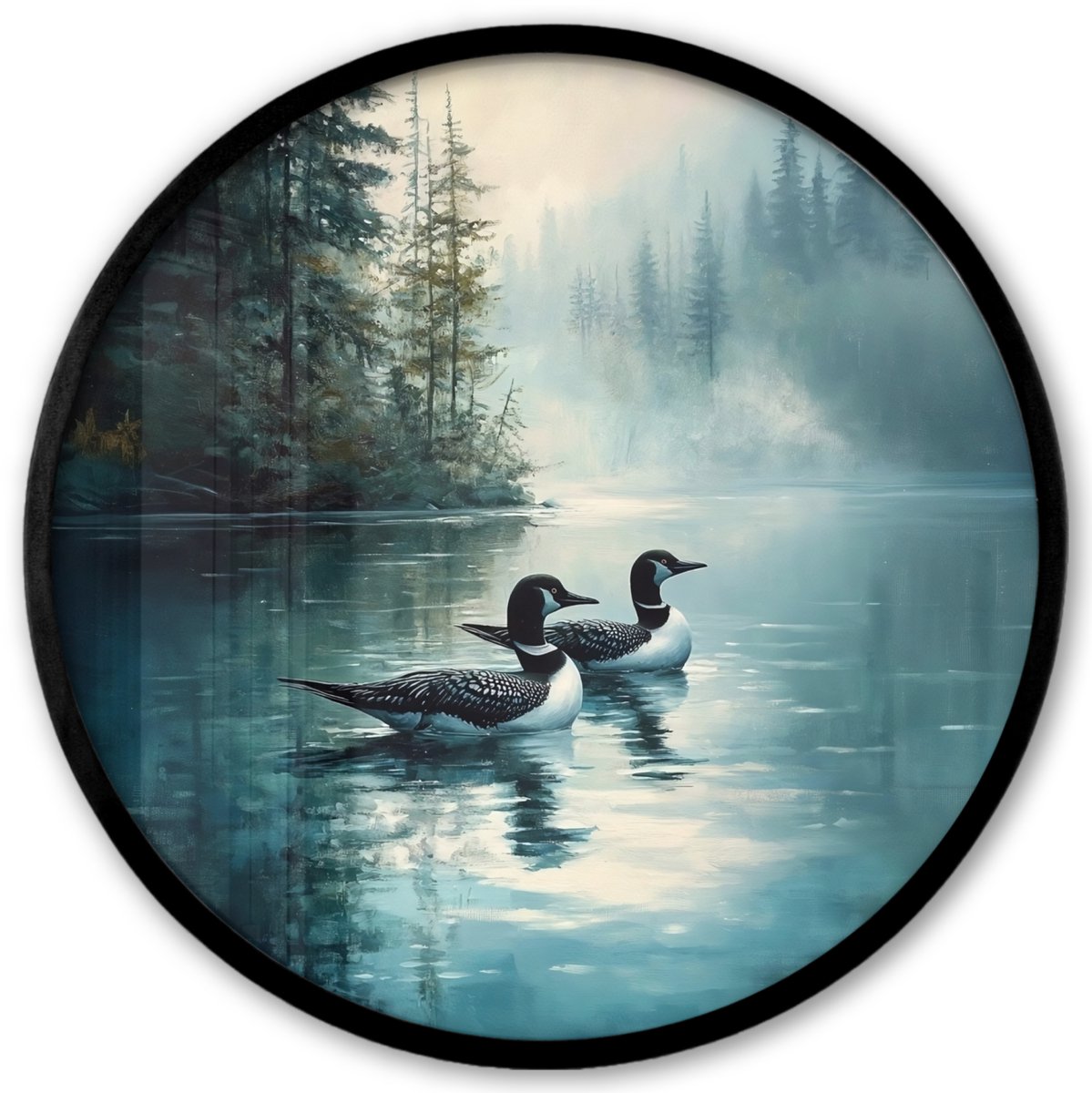 FrameYourWall Poster in lijst Rond - Fotolijst 40x40 cm - Posters - Bos - Water - Eenden - Mistig - Ronde posterlijst zwart - Decoratie - Wanddecoratie woonkamer - Muurdecoratie slaapkamer Eenden - Water - Bos