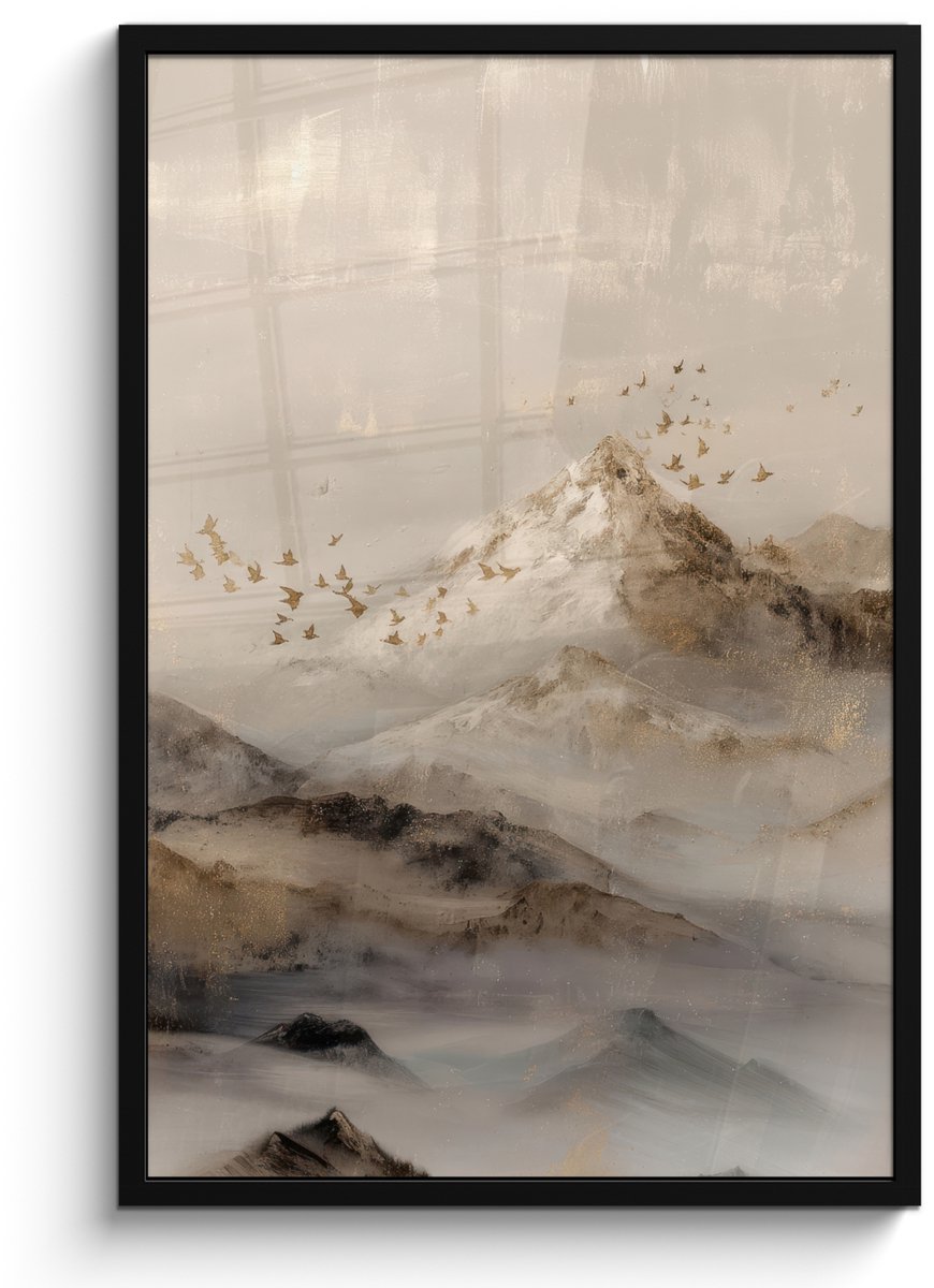 FrameYourWall Poster in lijst - Fotolijst 60x90 cm - Posters - Berglandschap - Mist - Penseelstreken - Posterlijst zwart - Decoratie - Wanddecoratie woonkamer - Muurdecoratie slaapkamer Berglandschap - Mist - Vogels