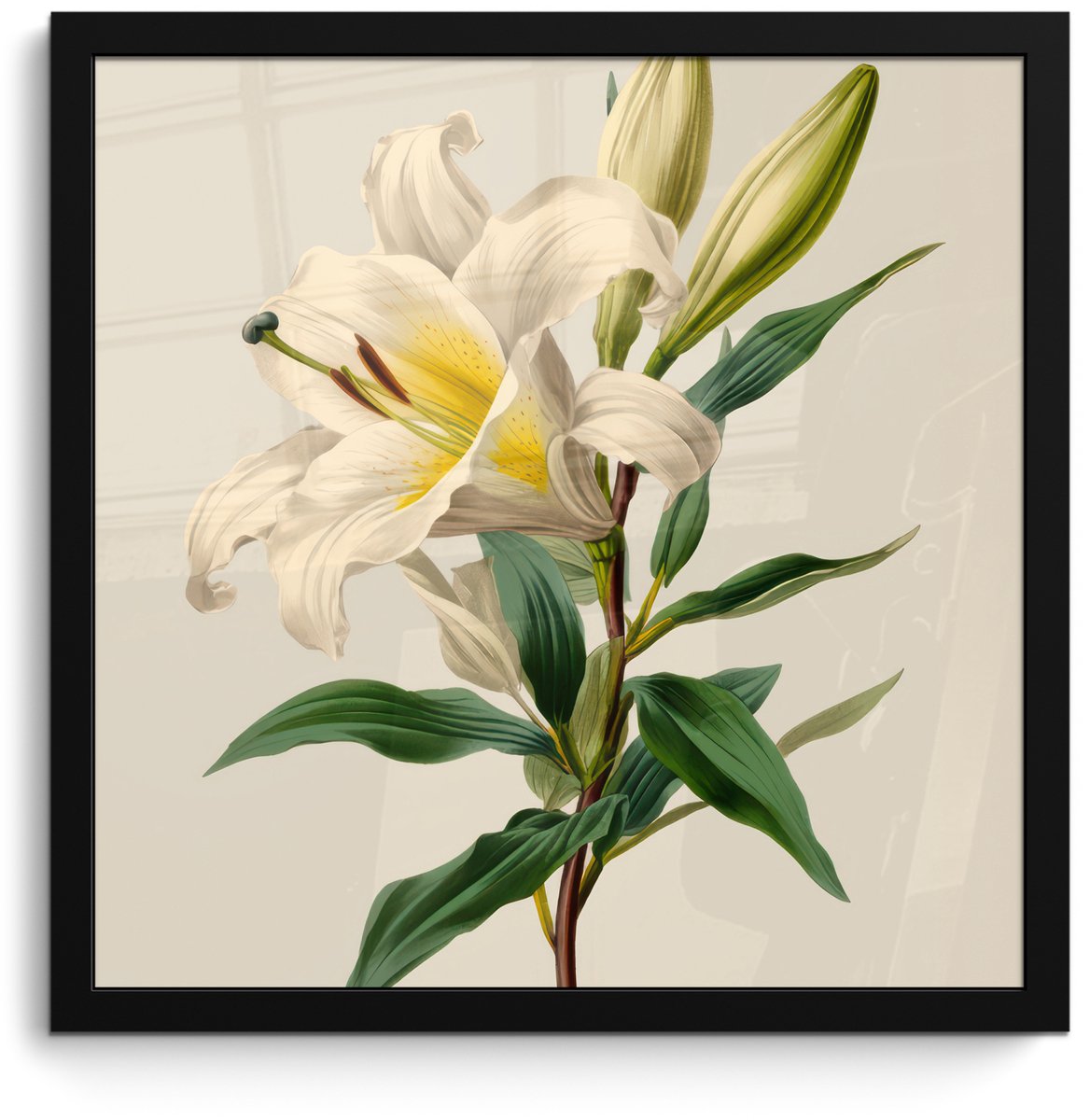 FrameYourWall Poster in lijst - Fotolijst 40x40 cm - Posters - Lelie - Elegant - Botanisch - Beige - Posterlijst zwart - Decoratie - Wanddecoratie woonkamer - Muurdecoratie slaapkamer