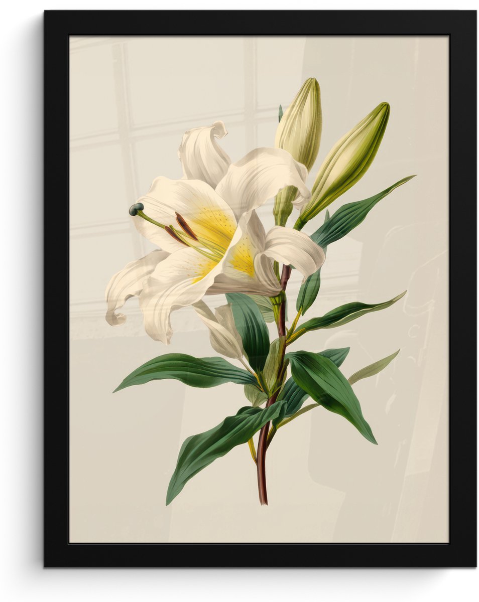 FrameYourWall Poster in lijst - Fotolijst 30x40 cm - Posters - Lelie - Elegant - Botanisch - Beige - Posterlijst zwart - Decoratie - Wanddecoratie woonkamer - Muurdecoratie slaapkamer