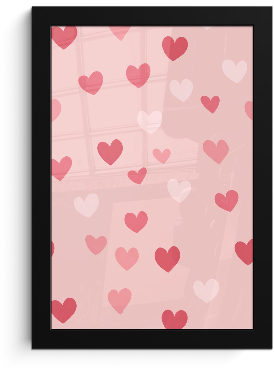 FrameYourWall Poster in lijst - Fotolijst 20x30 cm - Posters - Hartjes - Patroon - Roze - Eenvoudig - Posterlijst zwart - Decoratie - Wanddecoratie woonkamer - Muurdecoratie slaapkamer