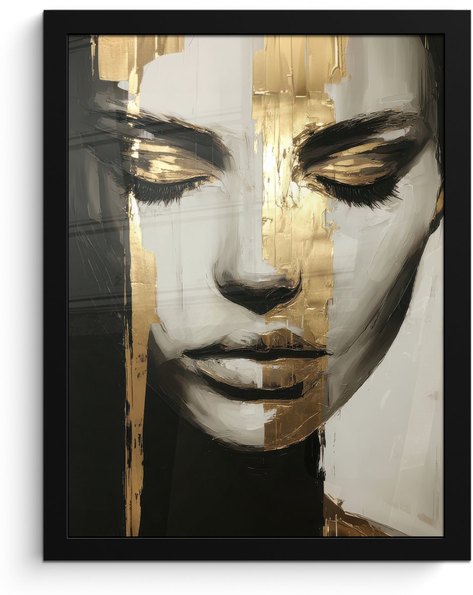 FrameYourWall Poster in lijst - Fotolijst 30x40 cm - Posters - Ogen - Gezicht - Goud - Strepen - Posterlijst zwart - Decoratie - Wanddecoratie woonkamer - Muurdecoratie slaapkamer