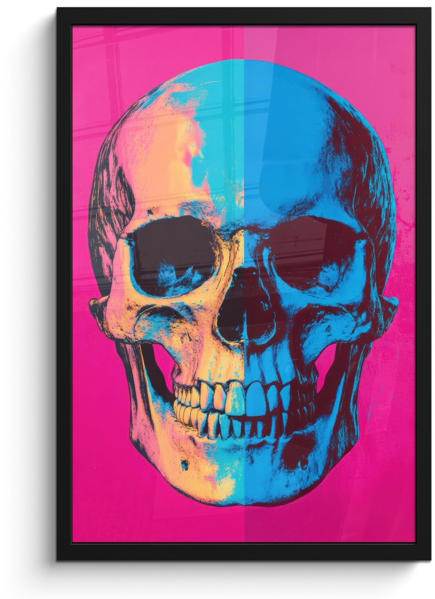FrameYourWall Poster in lijst - Fotolijst 40x60 cm - Posters - Neon - Blauw - Pop-art - Schedel - Posterlijst zwart - Decoratie - Wanddecoratie woonkamer - Muurdecoratie slaapkamer Schedel - Neon