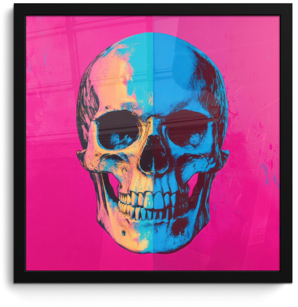 FrameYourWall Poster in lijst - Fotolijst 40x40 cm - Posters - Neon - Blauw - Pop-art - Schedel - Posterlijst zwart - Decoratie - Wanddecoratie woonkamer - Muurdecoratie slaapkamer Schedel - Neon