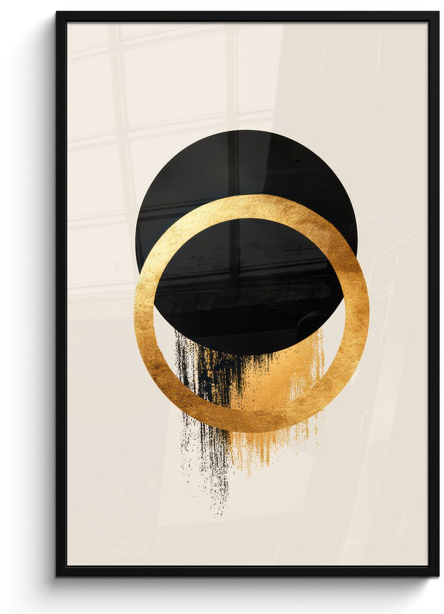 FrameYourWall Poster in lijst - Fotolijst 80x120 cm - Posters - Abstract ontwerp - Zwarte cirkel - Verfvlekken - Posterlijst zwart - Decoratie - Wanddecoratie woonkamer - Muurdecoratie slaapkamer Cirkels - Verfvlekken