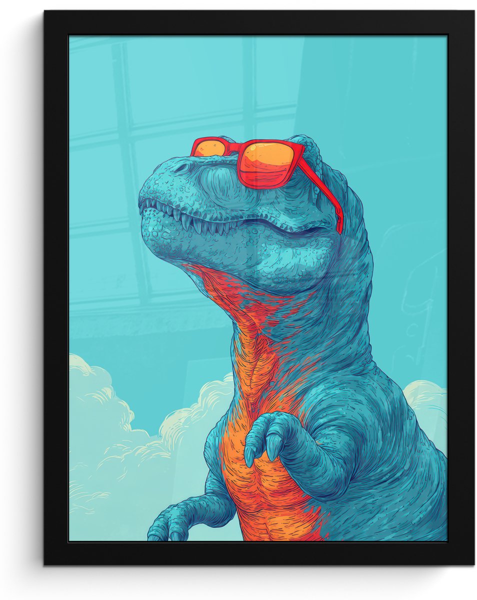 FrameYourWall Poster in lijst - Fotolijst 30x40 cm - Posters - T-Rex - Blauw - Wolken - Zonnebril - Posterlijst zwart - Decoratie - Wanddecoratie woonkamer - Muurdecoratie slaapkamer Dinosaurus - Wolken - Zonnebril