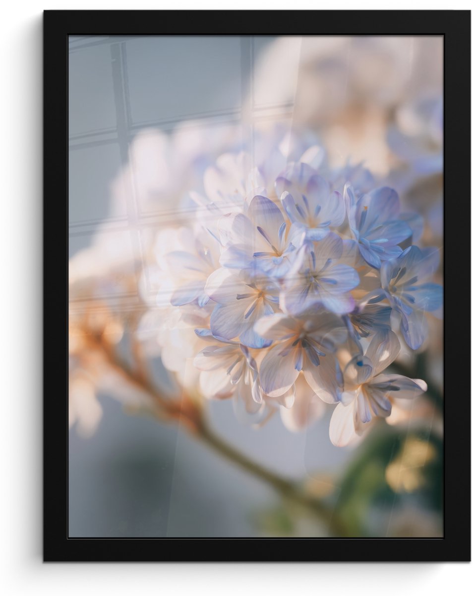 FrameYourWall Poster in lijst - Fotolijst 30x40 cm - Posters - Bloemen - Lichtblauw - Wazig - Trosje - Posterlijst zwart - Decoratie - Wanddecoratie woonkamer - Muurdecoratie slaapkamer