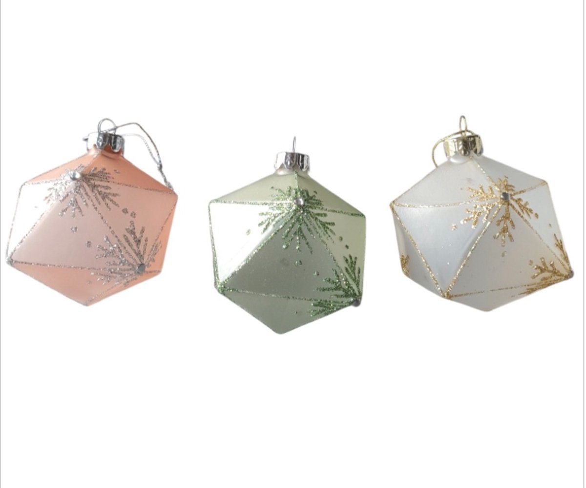 House of Seasons Kerst ornament diamant groen,wit,rozeSet van 12