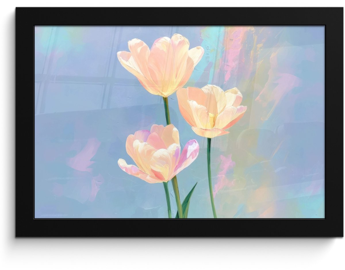 FrameYourWall Poster in lijst - Fotolijst 30x20 cm - Posters - Tulpen - Roze accenten - Blauw - Posterlijst zwart - Decoratie - Wanddecoratie woonkamer - Muurdecoratie slaapkamer