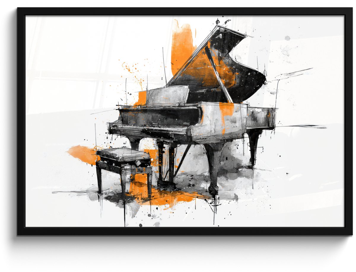 FrameYourWall Poster in lijst - Fotolijst 90x60 cm - Posters - Piano - Oranje - Zwart - schets lijnen - Posterlijst zwart - Decoratie - Wanddecoratie woonkamer - Muurdecoratie slaapkamer