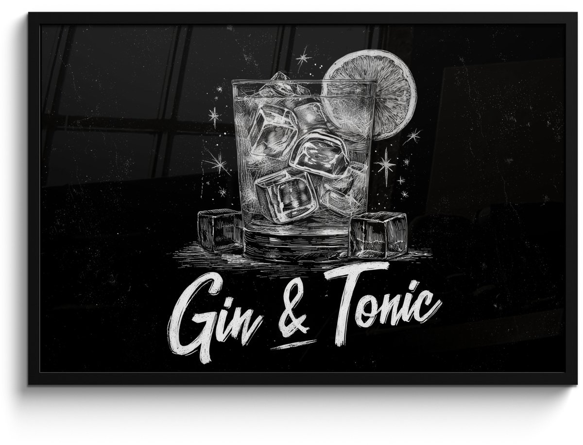 FrameYourWall Poster in lijst - Fotolijst 90x60 cm - Posters - Gin en tonic - Glas - Limoen - Ijsblokjes - Posterlijst zwart - Decoratie - Wanddecoratie woonkamer - Muurdecoratie slaapkamer Gin & tonic - Ijsblokjes