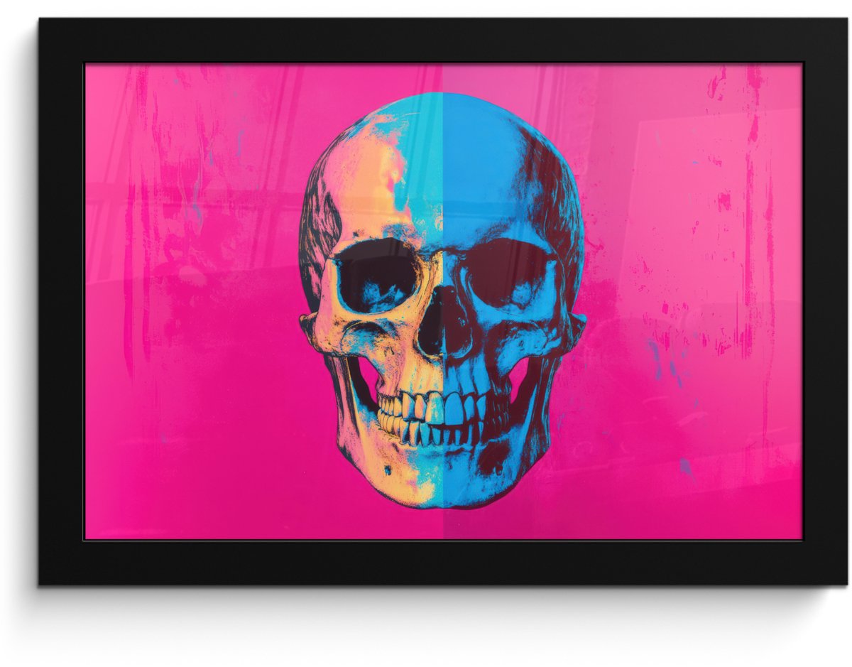 FrameYourWall Poster in lijst - Fotolijst 30x20 cm - Posters - Neon - Blauw - Pop-art - Schedel - Posterlijst zwart - Decoratie - Wanddecoratie woonkamer - Muurdecoratie slaapkamer Schedel - Neon
