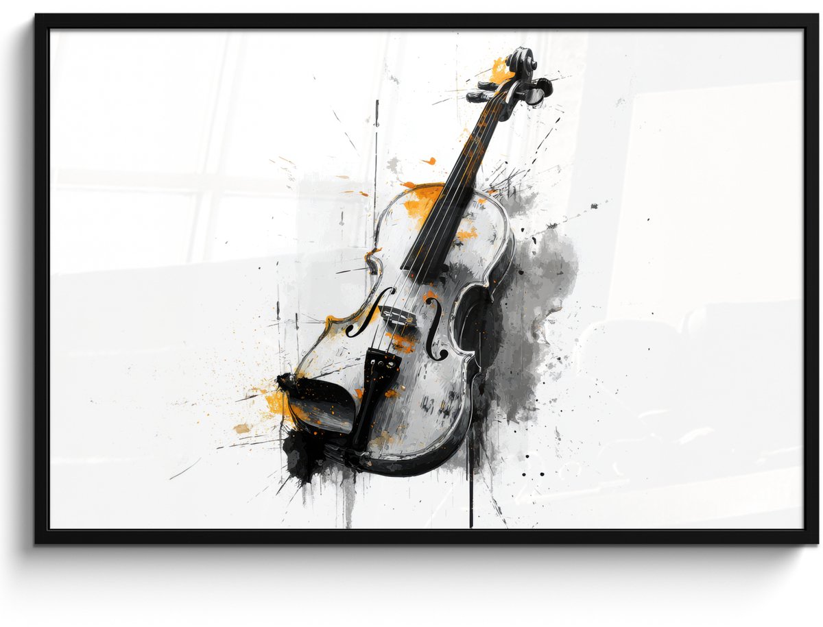 FrameYourWall Poster in lijst - Fotolijst 120x80 cm - Posters - Viool - Oranje - Zwart - Penseelstreken - Posterlijst zwart - Decoratie - Wanddecoratie woonkamer - Muurdecoratie slaapkamer