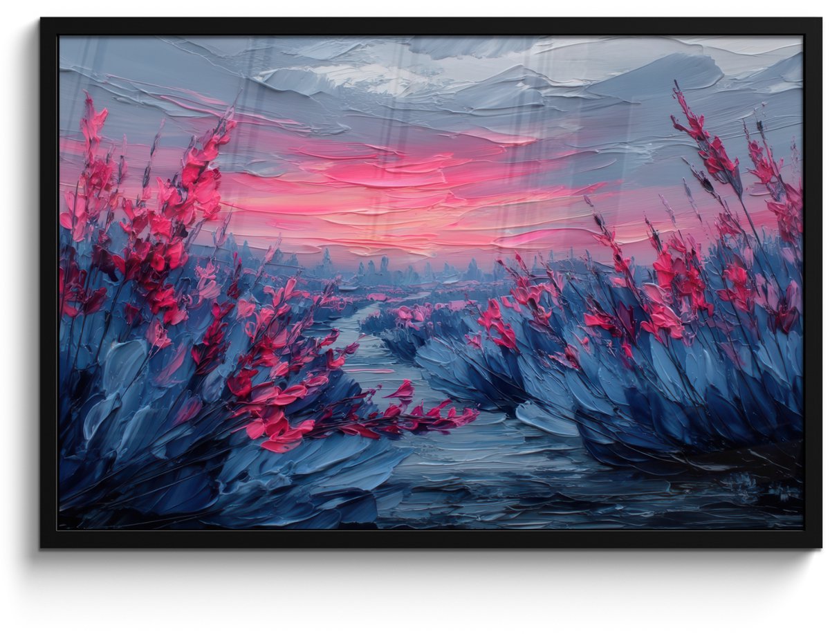 FrameYourWall Poster in lijst - Fotolijst 90x60 cm - Posters - Schilderij - Zonsondergang - Bloemen - Rivier - Posterlijst zwart - Decoratie - Wanddecoratie woonkamer - Muurdecoratie slaapkamer