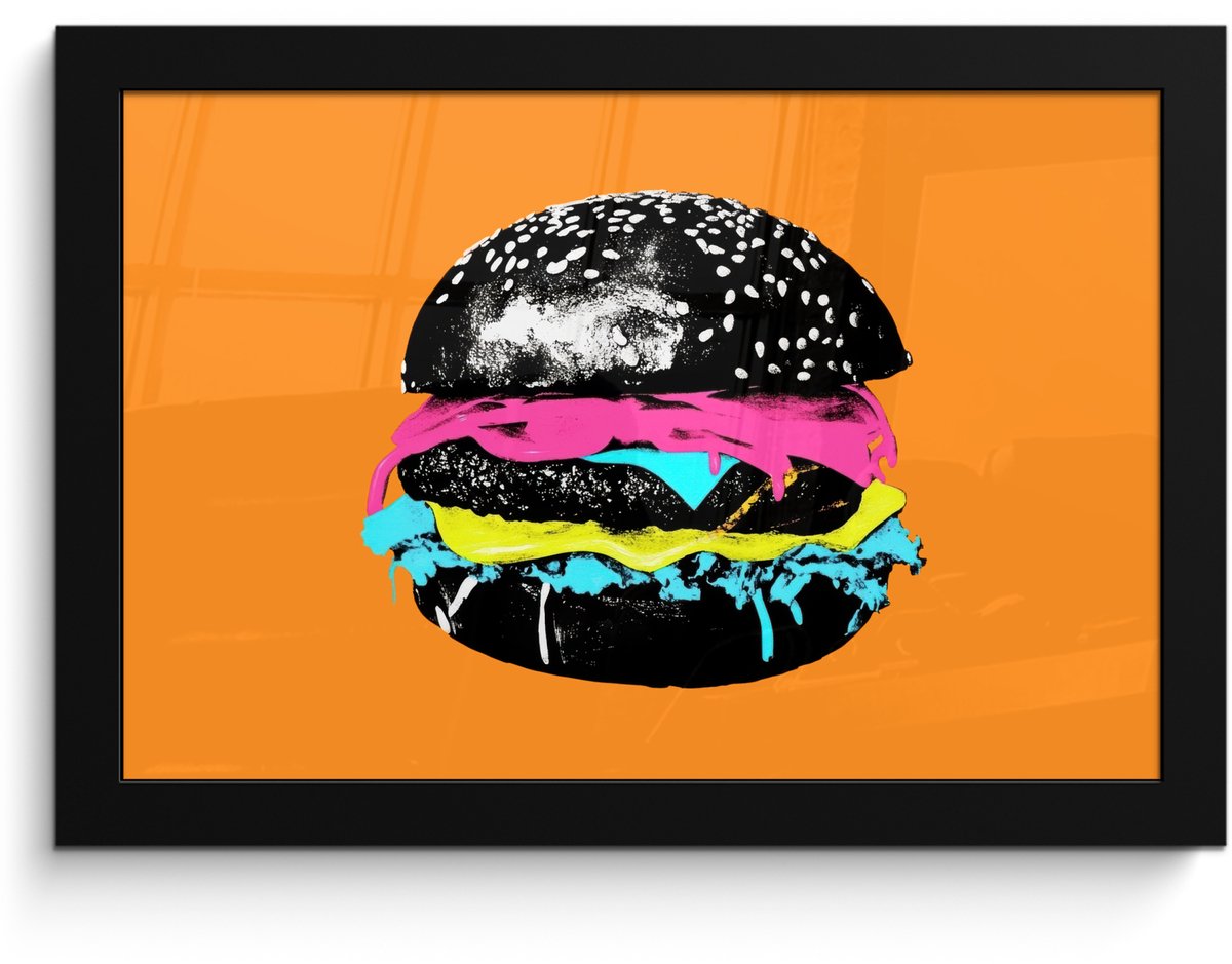 FrameYourWall Poster in lijst - Fotolijst 30x20 cm - Posters - Hamburger - Oranje - Neon - popart - Posterlijst zwart - Decoratie - Wanddecoratie woonkamer - Muurdecoratie slaapkamer Hamburger - popart