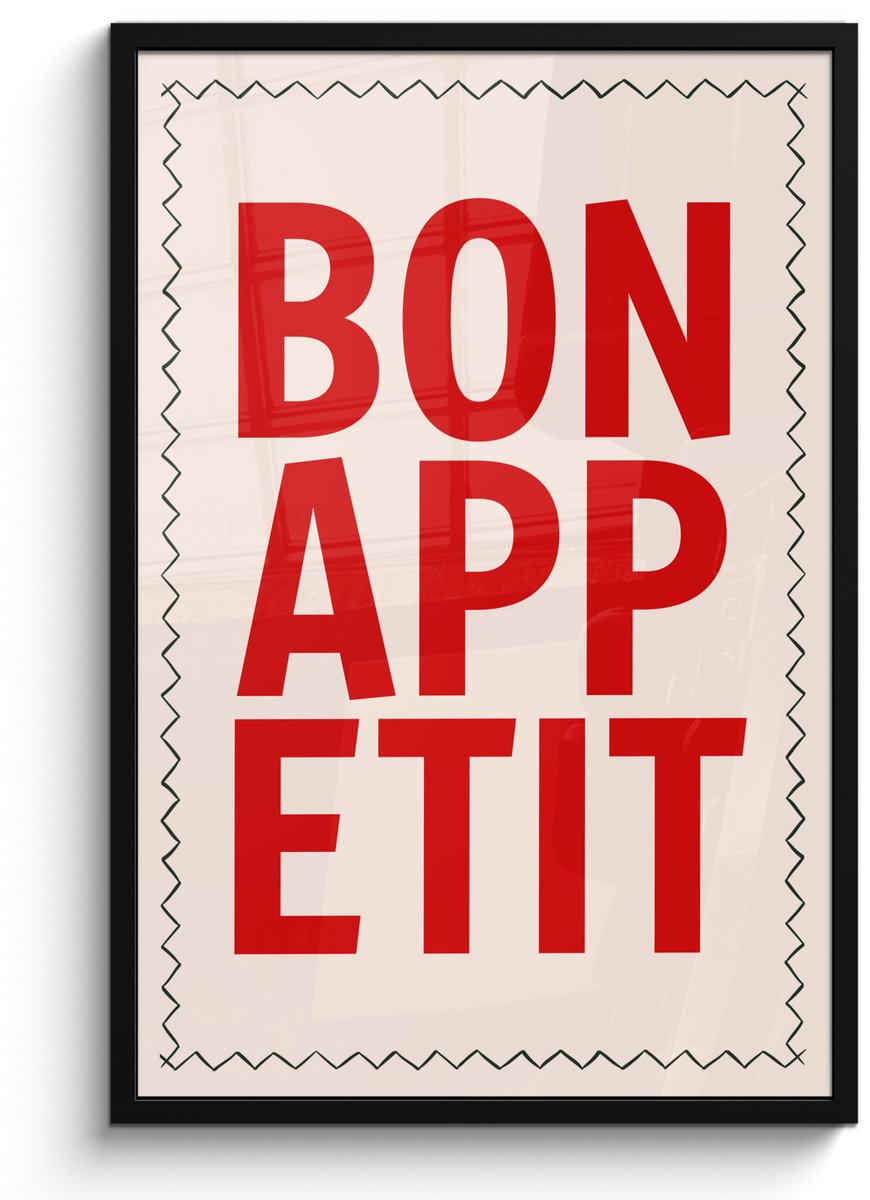 FrameYourWall Poster in lijst - Fotolijst 60x90 cm - Posters - Blokletters - Rood - Kartelrand - Posterlijst zwart - Decoratie - Wanddecoratie woonkamer - Muurdecoratie slaapkamer Blokletters - Bonappetit