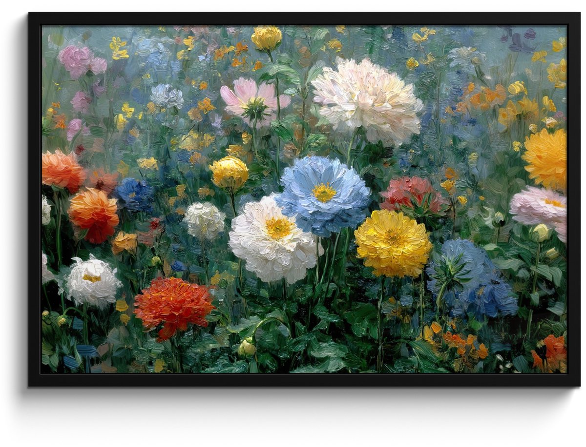 FrameYourWall Poster in lijst - Fotolijst 90x60 cm - Posters - Close-up - Veld - Bloemen - Kleurrijk - Posterlijst zwart - Decoratie - Wanddecoratie woonkamer - Muurdecoratie slaapkamer